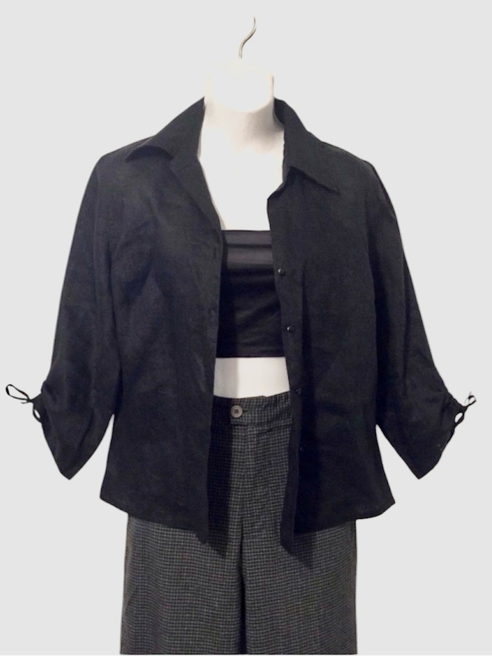 Camaieu Black Linen Blend Button Down Top or Lightweight Jacket